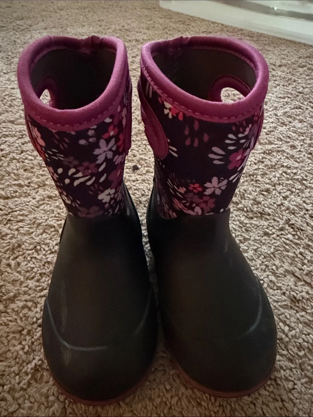 Bogs Kids Black Rain Boots with Purple Floral Shaft